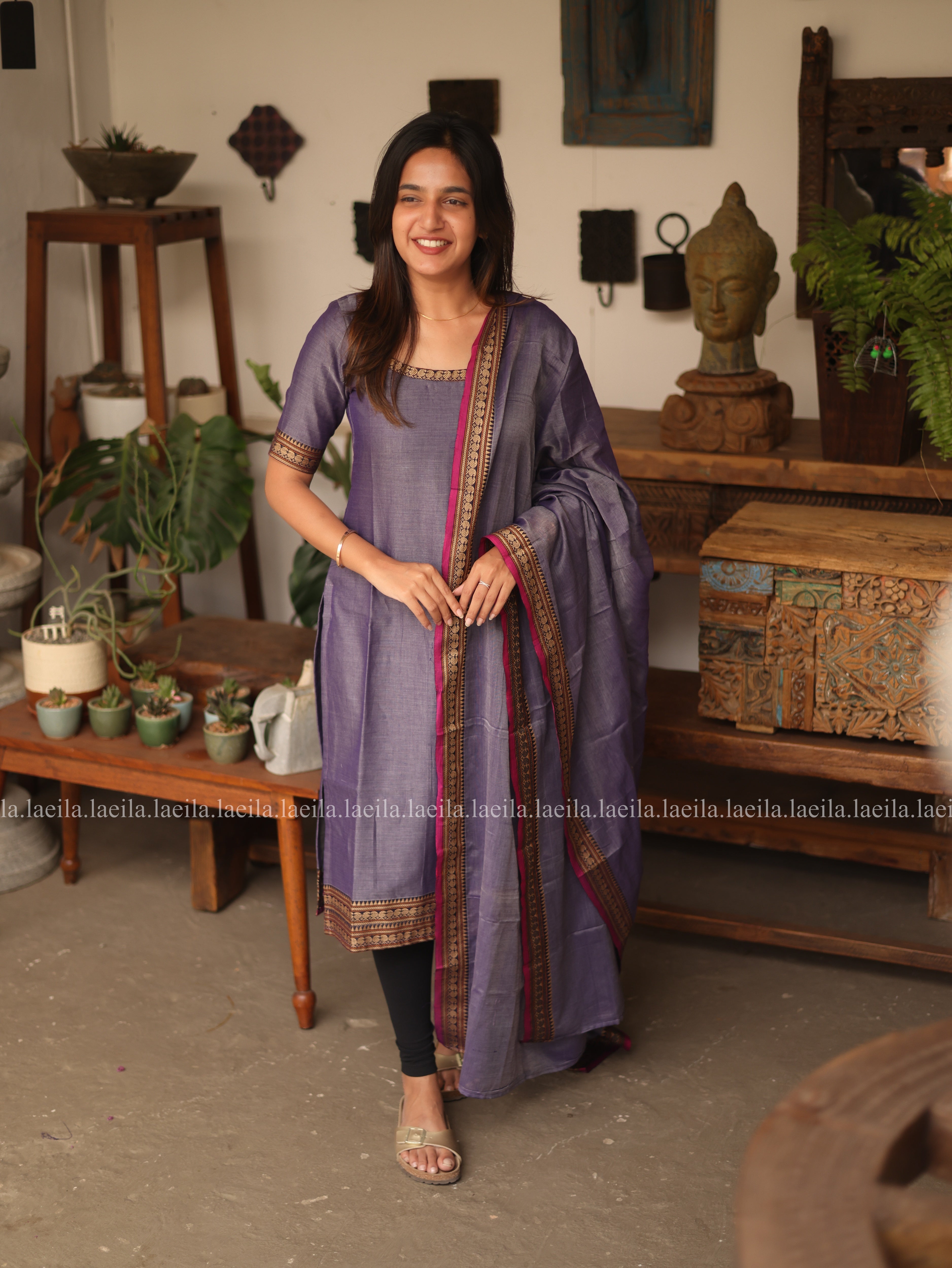 Lavender with Pink Border Malar Narayanpet Cotton Top & Dupatta Set